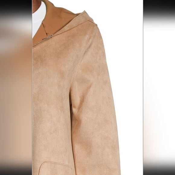 Joan Vass Faux Suede Camel Colored Hooded Coat Size XL - Picture 3 of 8